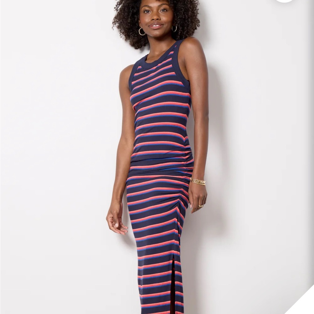 Evereve Navy and Pink Striped Midi Dress